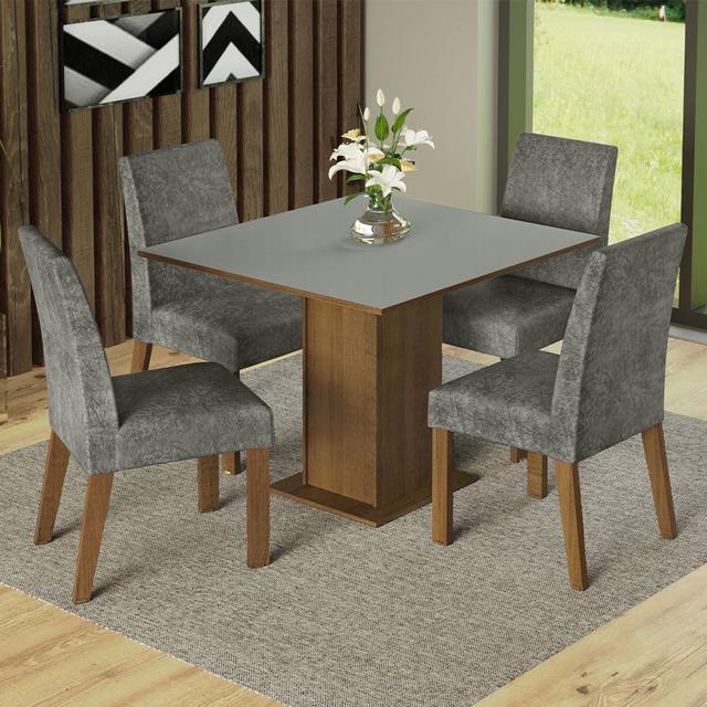 Madesa 4 Seater Dining Set with Fully Cushioned Square Table Top Sturdy Wooden 90 Cm for Dining Room and Kitchen - Brown/Gray