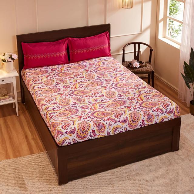 Amazon Brand - Solimo Paisley Preen 144 TC 100% Cotton Double Bedsheet with 2 Pillow Covers